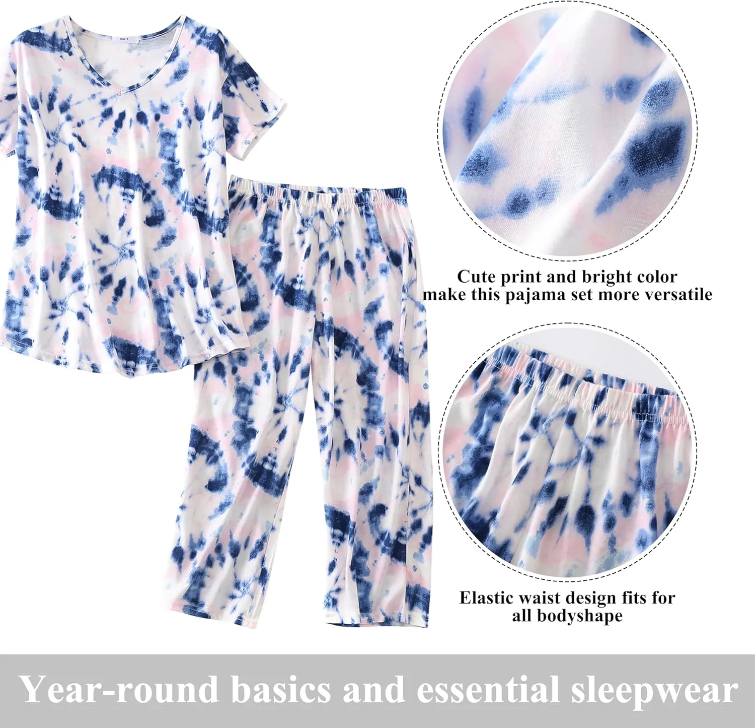 PNAEONG Women Pajama Set Sleepwear Tops with Capri Pants Casual and Fun Prints Pajama Sets