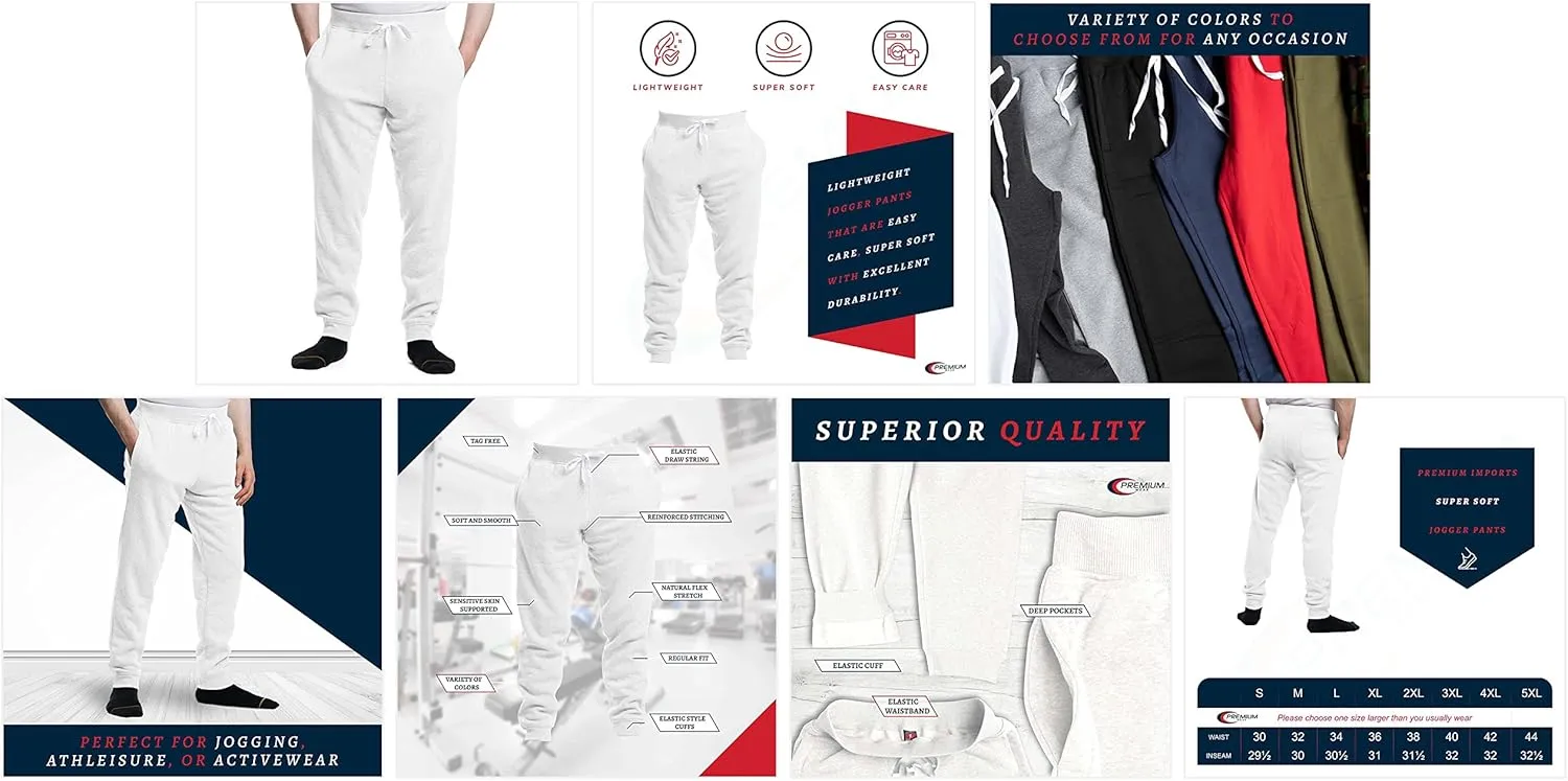 Premium Wear Men’s Jogger Sweatpants - Lightweight, Super Soft, 100% Polyester | Elastic Drawstring, Deep Pockets, Tag-Free