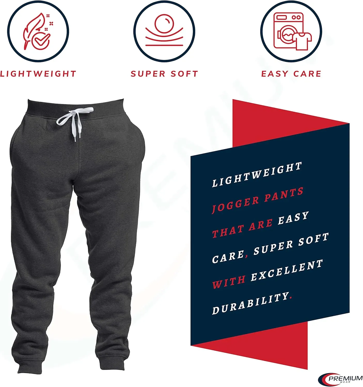 Premium Wear Men’s Jogger Sweatpants - Lightweight, Super Soft, 100% Polyester | Elastic Drawstring, Deep Pockets, Tag-Free