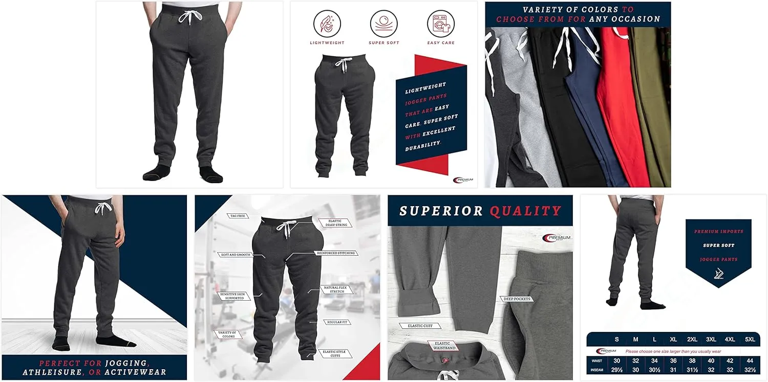 Premium Wear Men’s Jogger Sweatpants - Lightweight, Super Soft, 100% Polyester | Elastic Drawstring, Deep Pockets, Tag-Free