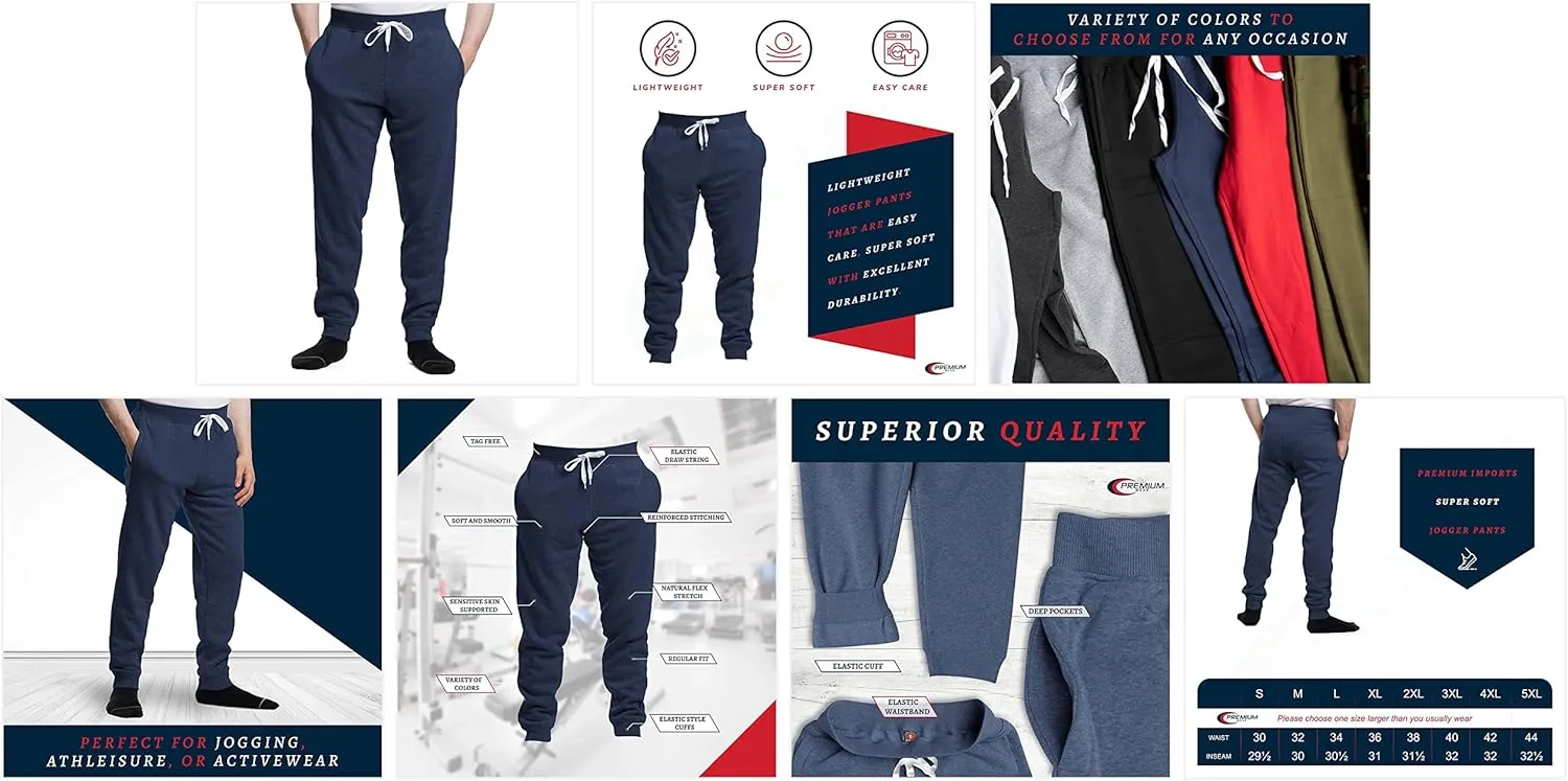 Premium Wear Men’s Jogger Sweatpants - Lightweight, Super Soft, 100% Polyester | Elastic Drawstring, Deep Pockets, Tag-Free