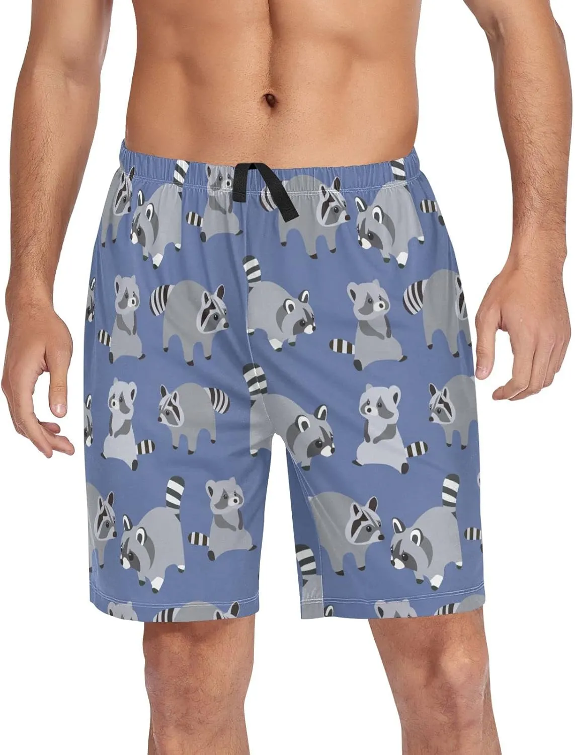 Raccoon Pattern On Blue Men's Pajama Pants Shorts Sleepwear Lounge Pajama Bottoms