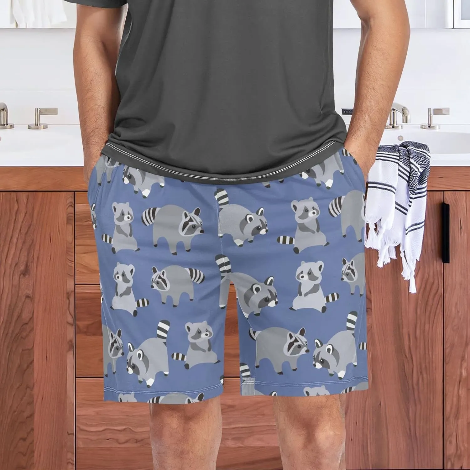 Raccoon Pattern On Blue Men's Pajama Pants Shorts Sleepwear Lounge Pajama Bottoms
