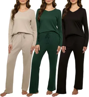 Real Essentials 3 Pack Women's Soft Cotton Long Sleeve Pajama Set with Pants - Lounge Sets for Women (Available In Plus)