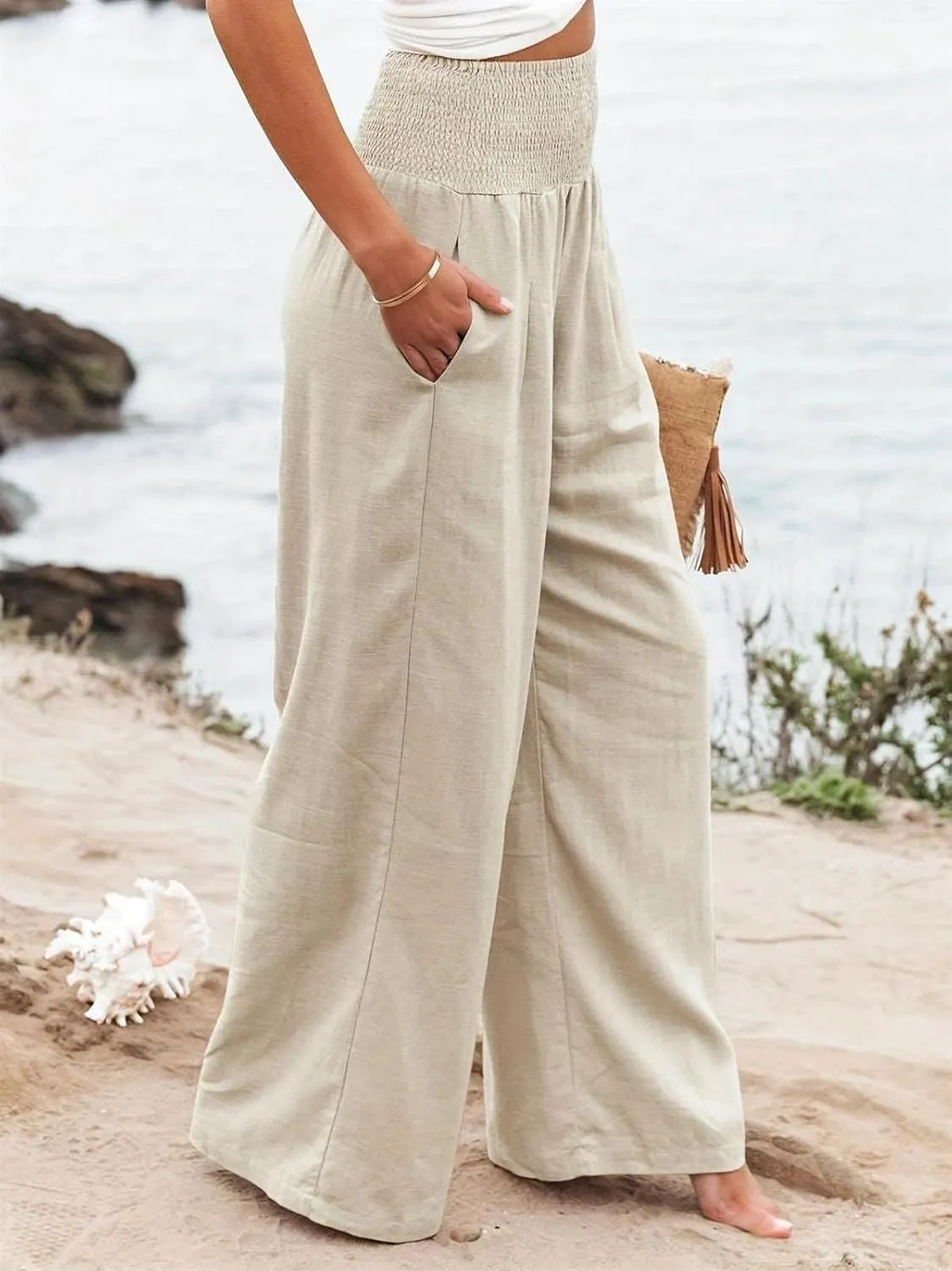 Reyox Women's Casual Elastic Waist Wide Leg Pants Cotton Linen Comfy Lounge Pants