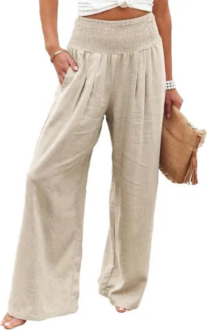 Reyox Women's Casual Elastic Waist Wide Leg Pants Cotton Linen Comfy Lounge Pants