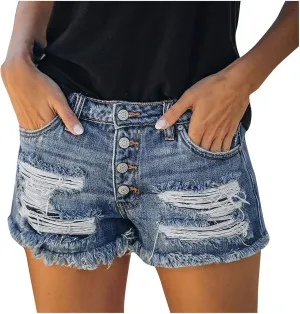 Ripped Jean Shorts Women High Waisted Stretchy Denim Shorts Frayed Raw Hem Distressed Cut Off Short Pants