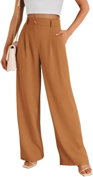 RONGTAI Women's High Waisted Straight Leg Suit Pants, Casual Commuter Trousers with Pockets and Zipper for Office Wear