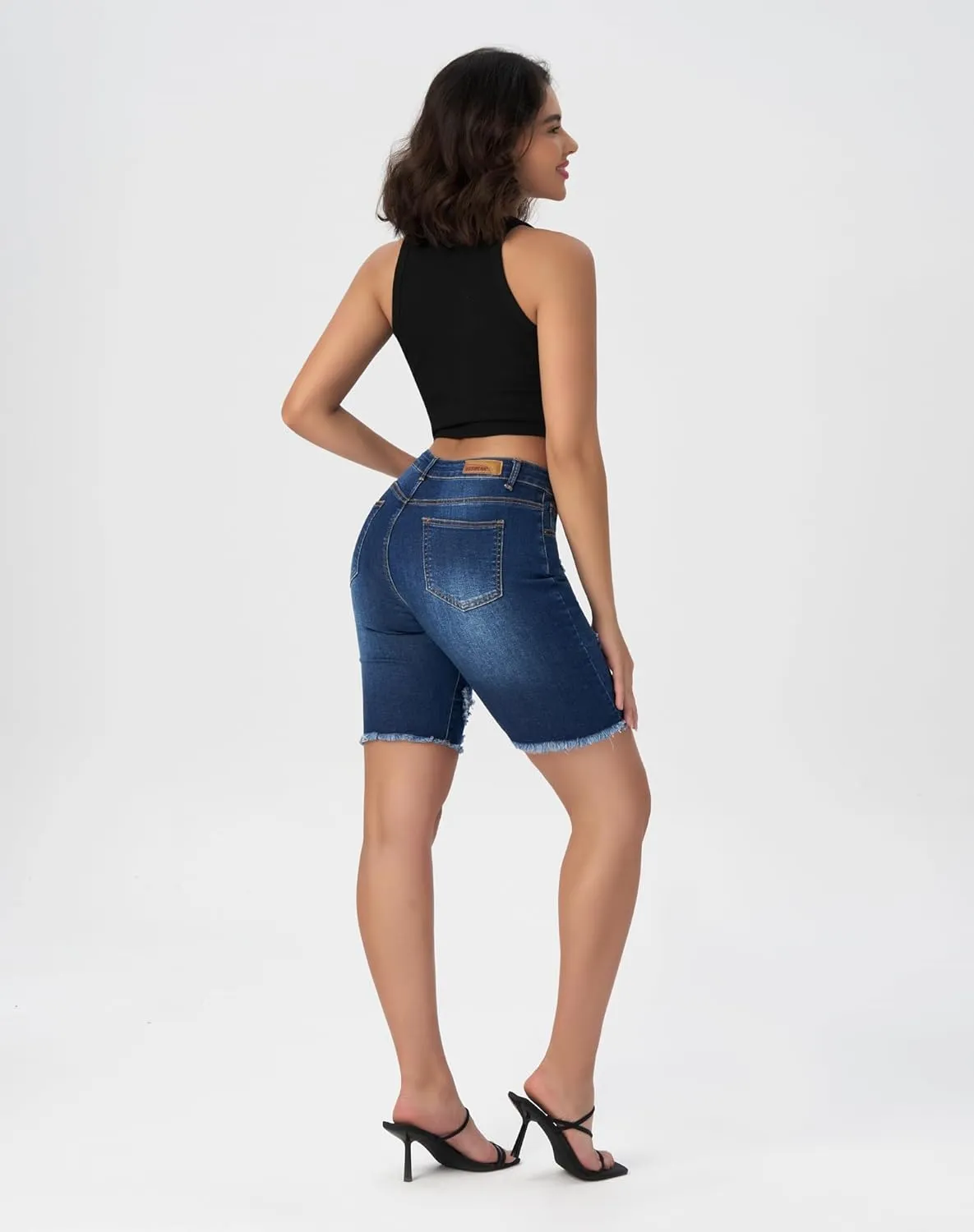 roswear Women's High Waisted Ripped Bermuda Denim Shorts Stretchy Knee Length Jean Shorts