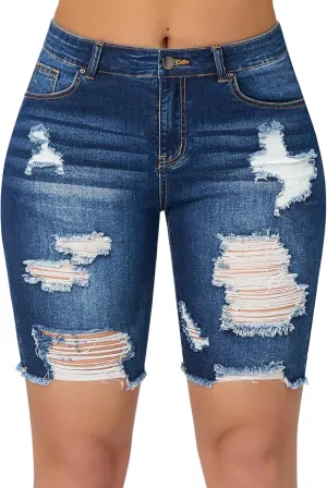 roswear Women's High Waisted Ripped Bermuda Denim Shorts Stretchy Knee Length Jean Shorts