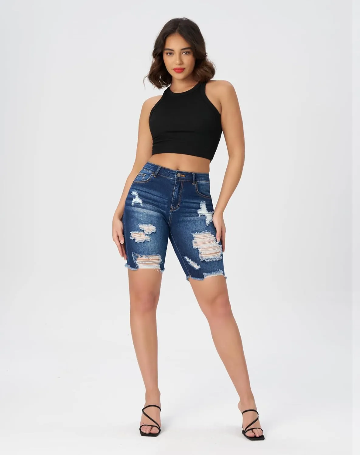 roswear Women's High Waisted Ripped Bermuda Denim Shorts Stretchy Knee Length Jean Shorts