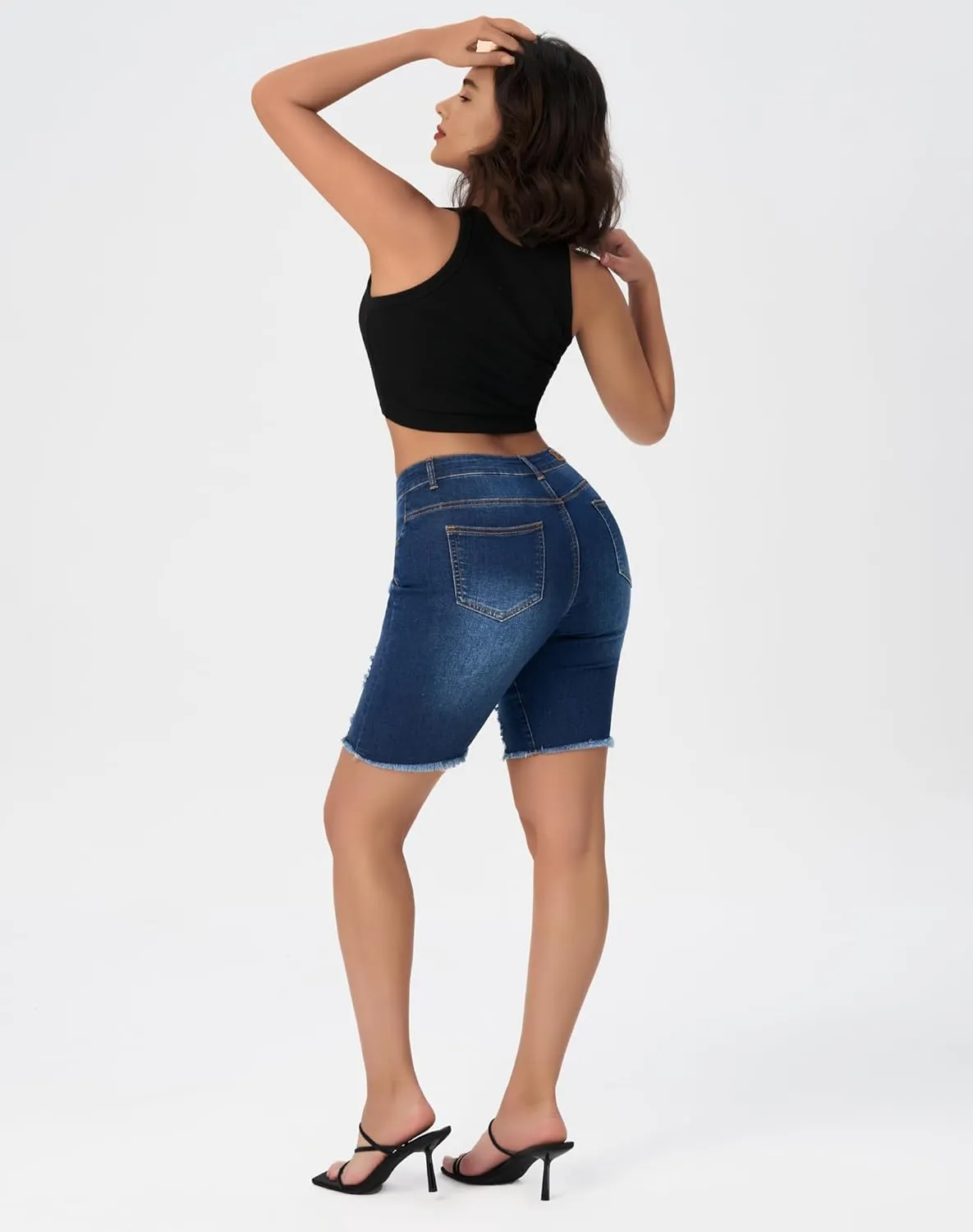 roswear Women's High Waisted Ripped Bermuda Denim Shorts Stretchy Knee Length Jean Shorts
