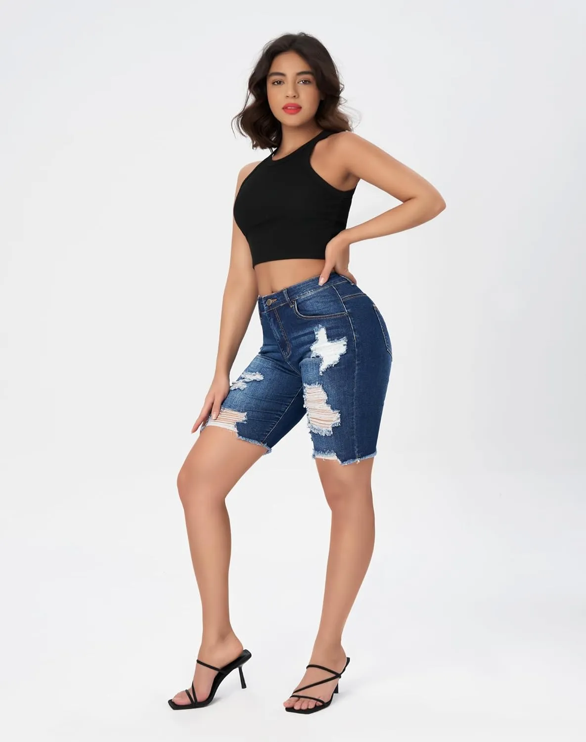 roswear Women's High Waisted Ripped Bermuda Denim Shorts Stretchy Knee Length Jean Shorts