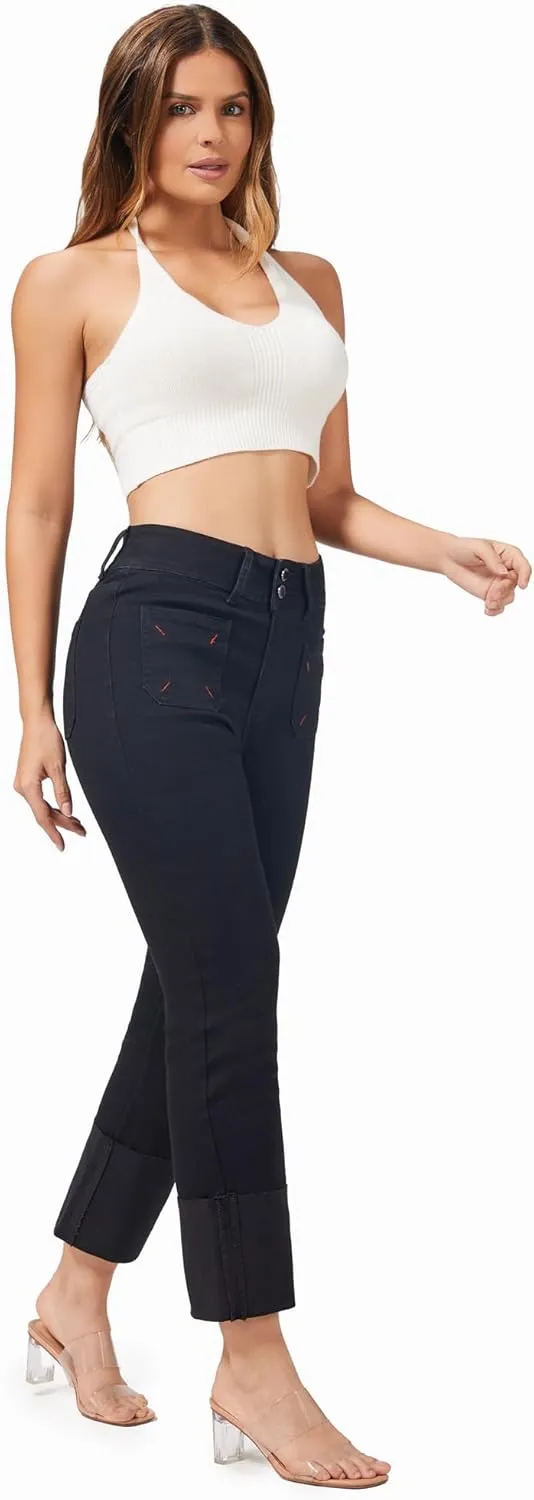 roswear Women's Stretchy Petite Cuffed Jeans with Patch Pockets High Waisted Cropped Straight Leg Denim Pants