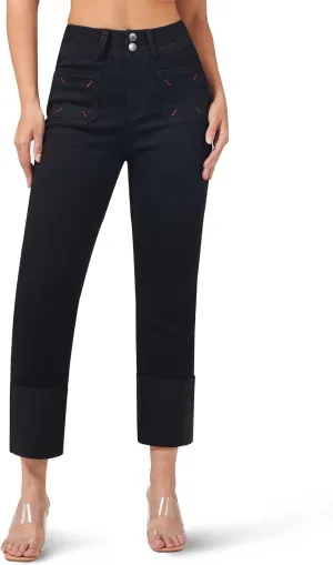 roswear Women's Stretchy Petite Cuffed Jeans with Patch Pockets High Waisted Cropped Straight Leg Denim Pants