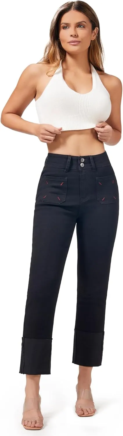 roswear Women's Stretchy Petite Cuffed Jeans with Patch Pockets High Waisted Cropped Straight Leg Denim Pants