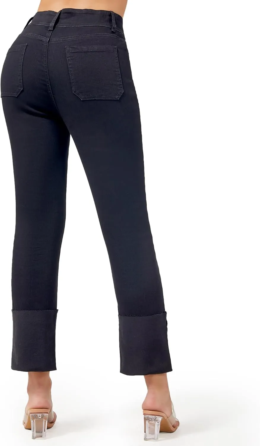 roswear Women's Stretchy Petite Cuffed Jeans with Patch Pockets High Waisted Cropped Straight Leg Denim Pants