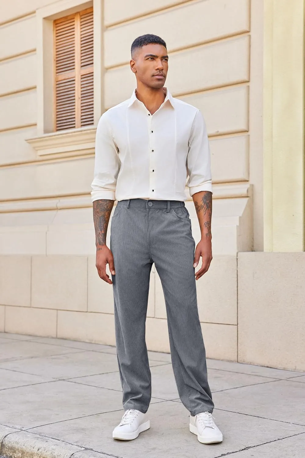Runcati Mens Corduroy Pants Regular Fit Casual Elastic Waist Straight Leg Pants