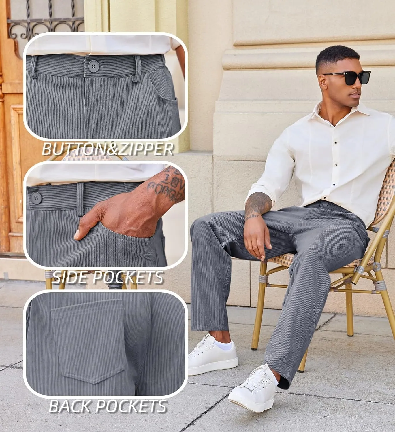 Runcati Mens Corduroy Pants Regular Fit Casual Elastic Waist Straight Leg Pants