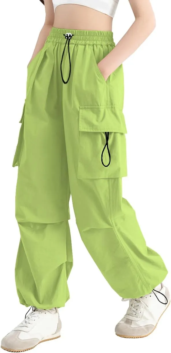 SANGTREE Girls Cargo Pants Lightweight High Elastic Waist Hip Hop Drawstring Pants