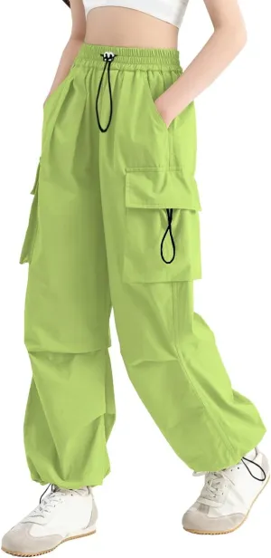 SANGTREE Girls Cargo Pants Lightweight High Elastic Waist Hip Hop Drawstring Pants