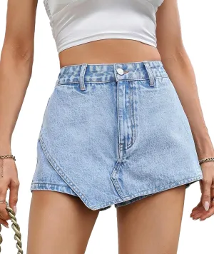 SEMATOMALA Jean Shorts for Woman Trendy High Waisted Y2K Mini Skirt Stretchy Denim Asymmetrical Wrap Shorts