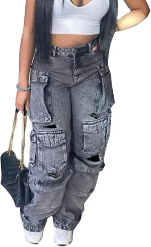 SEMATOMALA Women's Cargo Jeans Jogger Pants Multi Pockets Y2K Destroyed Ripped Denim Ankle Cuffed Baggy Pants
