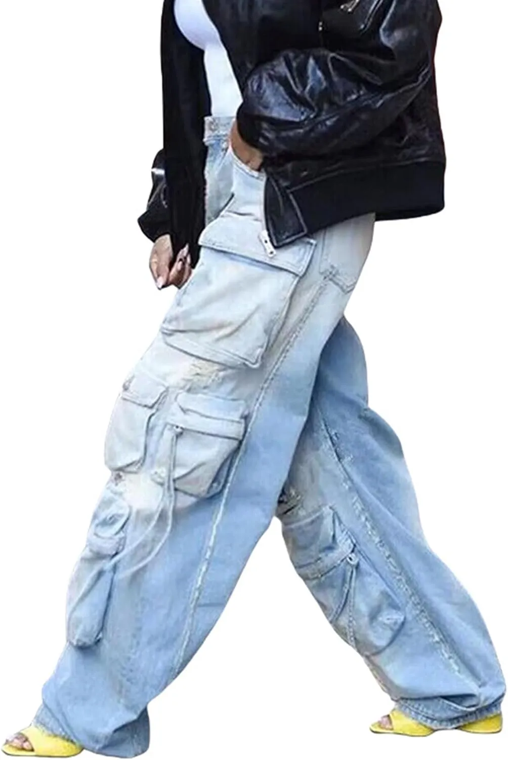SEMATOMALA Women's Cargo Jeans Jogger Pants Multi Pockets Y2K Destroyed Ripped Denim Ankle Cuffed Baggy Pants