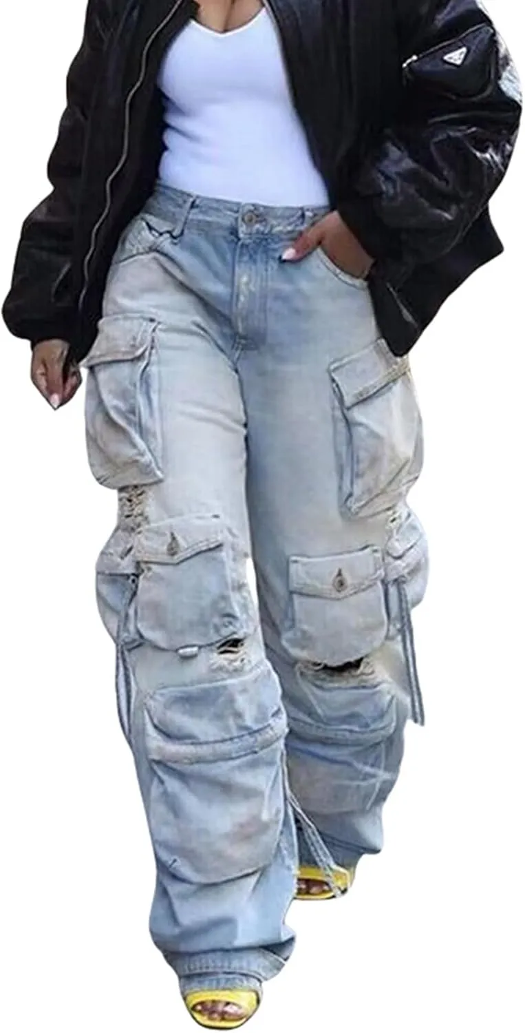SEMATOMALA Women's Cargo Jeans Jogger Pants Multi Pockets Y2K Destroyed Ripped Denim Ankle Cuffed Baggy Pants