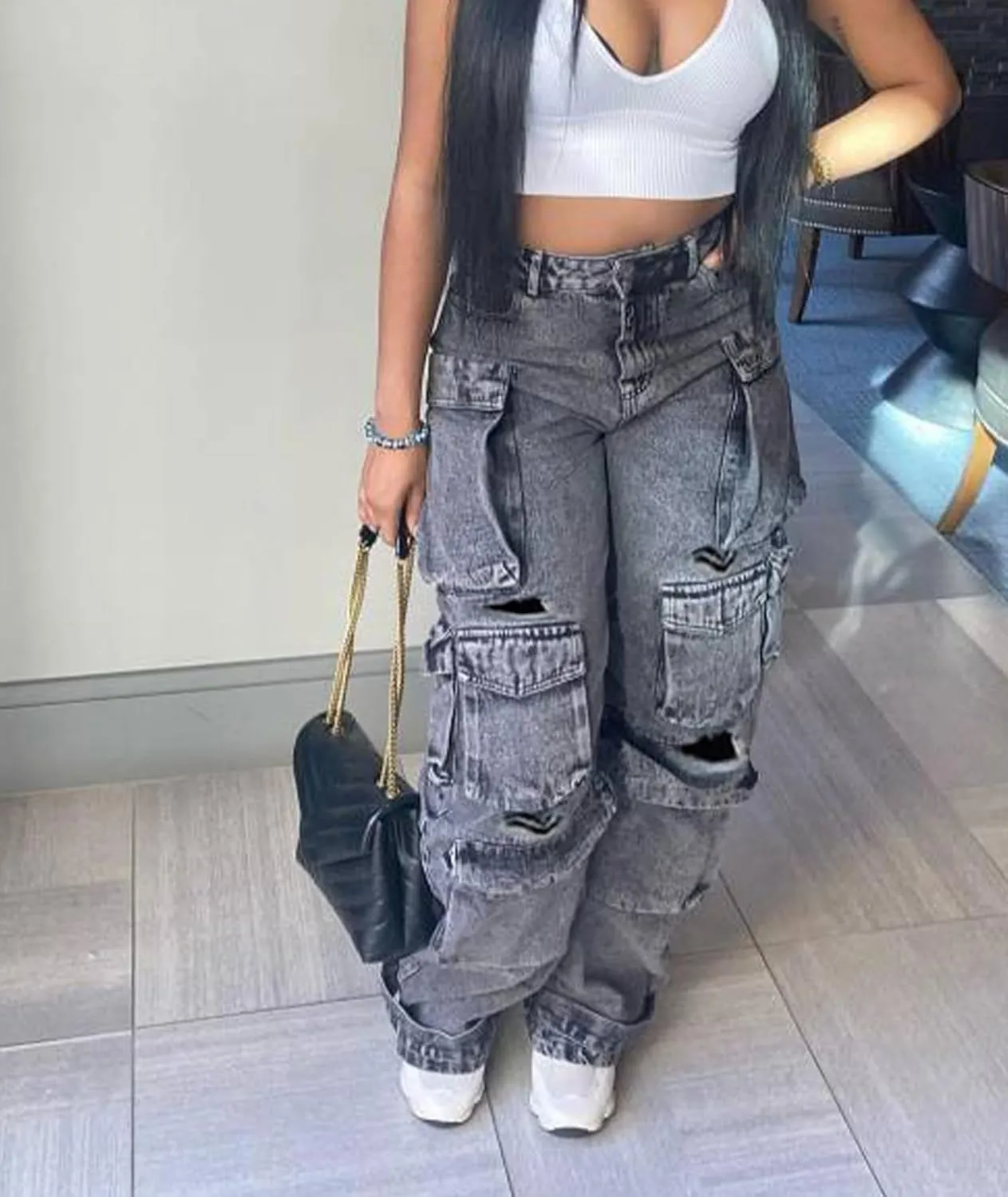 SEMATOMALA Women's Cargo Jeans Jogger Pants Multi Pockets Y2K Destroyed Ripped Denim Ankle Cuffed Baggy Pants