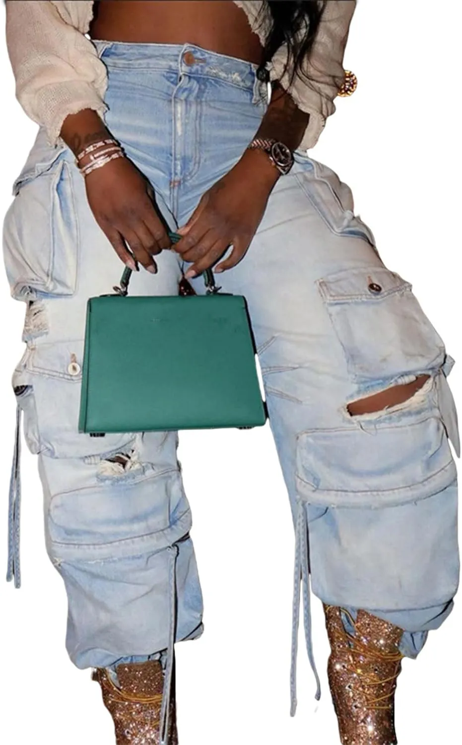 SEMATOMALA Women's Cargo Jeans Jogger Pants Multi Pockets Y2K Destroyed Ripped Denim Ankle Cuffed Baggy Pants