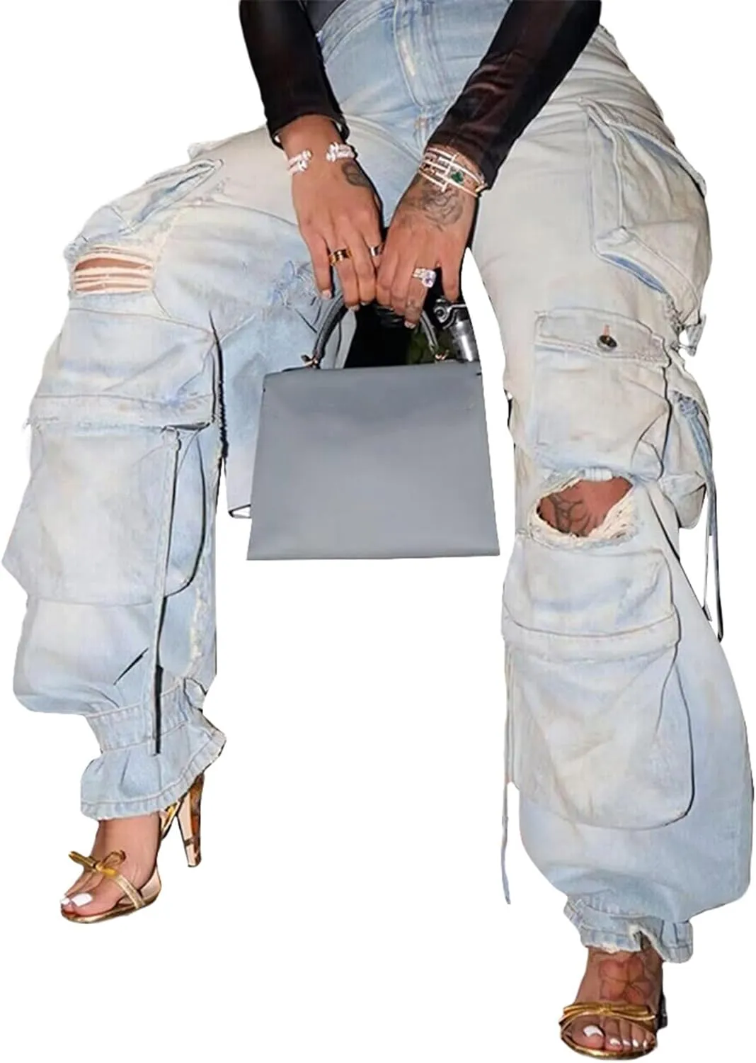 SEMATOMALA Women's Cargo Jeans Jogger Pants Multi Pockets Y2K Destroyed Ripped Denim Ankle Cuffed Baggy Pants