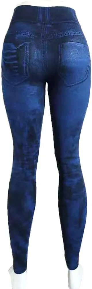 Sexy Denim-Like Print Leggings for Women Fake Jeans High Waisted Tights Stretchy Jeggings Compression Pants