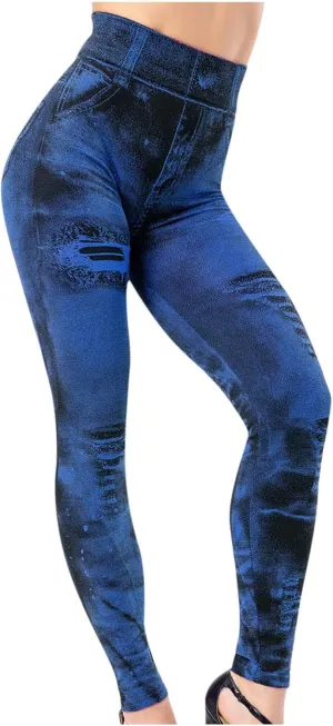 Sexy Denim-Like Print Leggings for Women Fake Jeans High Waisted Tights Stretchy Jeggings Compression Pants