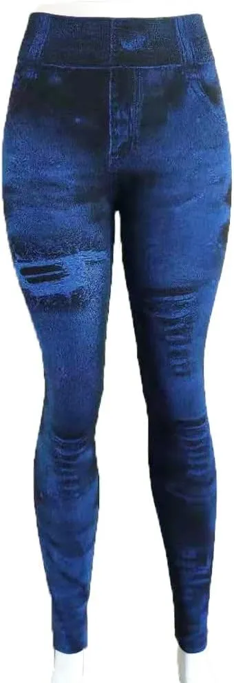 Sexy Denim-Like Print Leggings for Women Fake Jeans High Waisted Tights Stretchy Jeggings Compression Pants