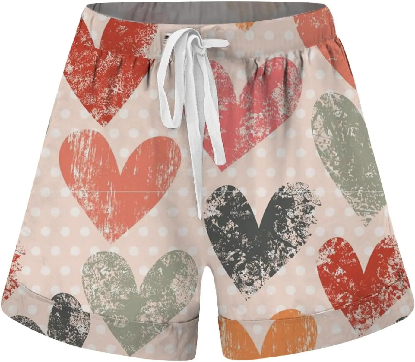 Shorts for Women Heart Print High Elastic Waisted Drawstring Comfy Shorts Lightweight Casual Summer Beach Shorts with Pocket