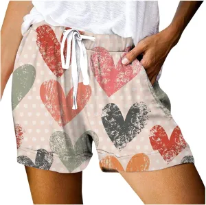 Shorts for Women Heart Print High Elastic Waisted Drawstring Comfy Shorts Lightweight Casual Summer Beach Shorts with Pocket