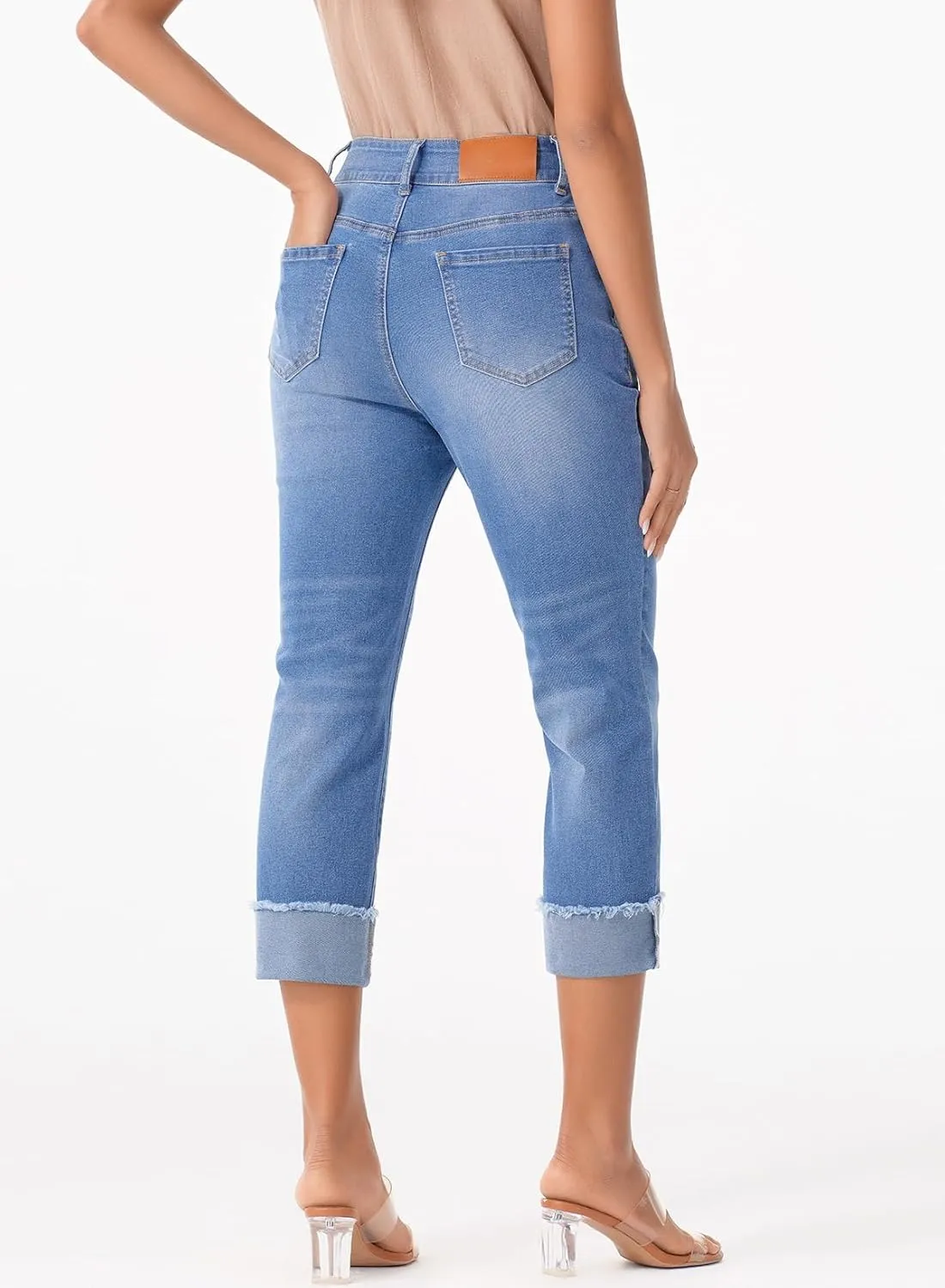 Sidefeel Women's Capri Jeans High Waisted Stretchy Roll-up Skinny Cuffed Cropped Zimbaplatinum Summer Denim Pants