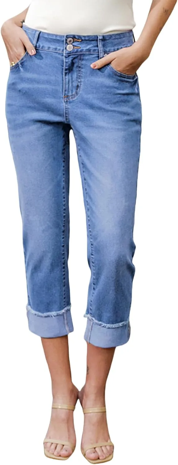 Sidefeel Women's Capri Jeans High Waisted Stretchy Roll-up Skinny Cuffed Cropped Zimbaplatinum Summer Denim Pants