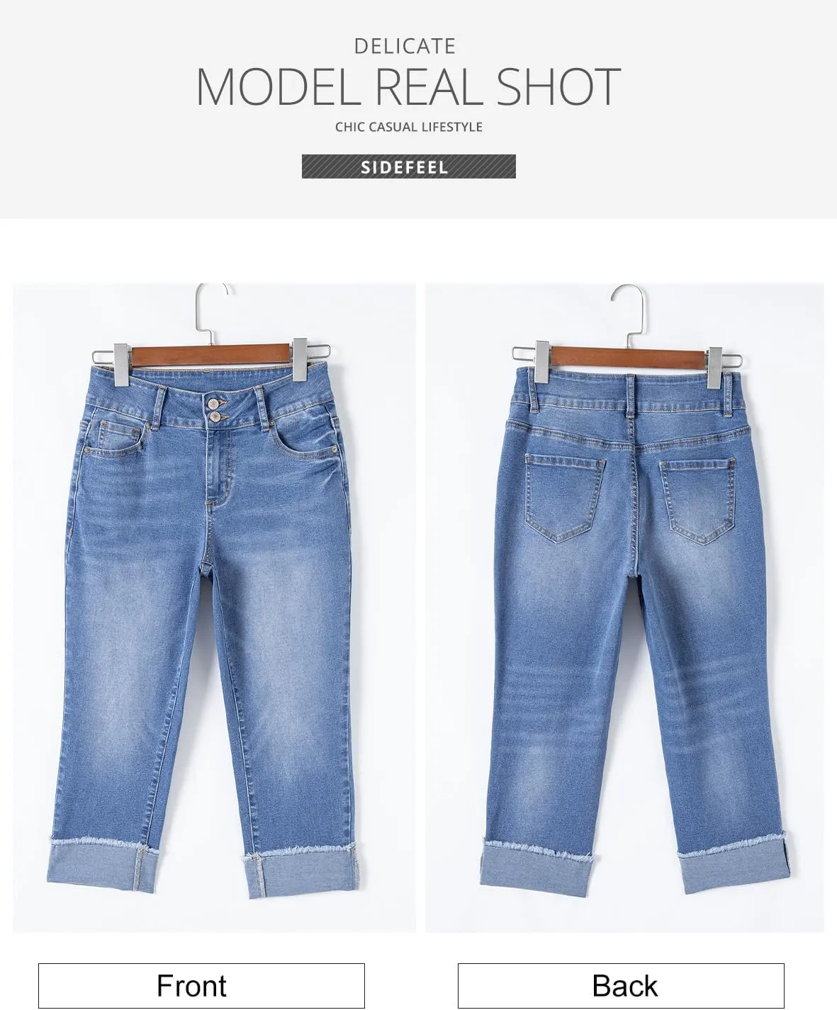 Sidefeel Women's Capri Jeans High Waisted Stretchy Roll-up Skinny Cuffed Cropped Zimbaplatinum Summer Denim Pants