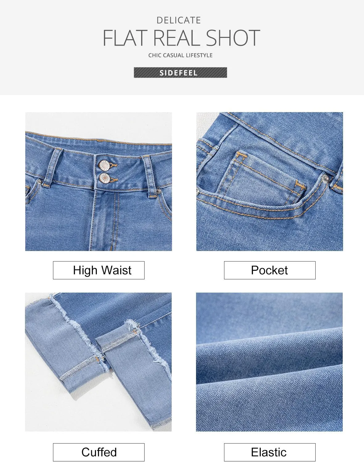Sidefeel Women's Capri Jeans High Waisted Stretchy Roll-up Skinny Cuffed Cropped Zimbaplatinum Summer Denim Pants