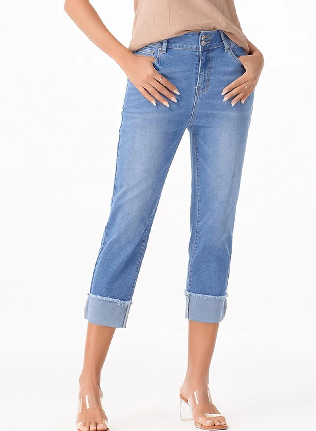Sidefeel Women's Capri Jeans High Waisted Stretchy Roll-up Skinny Cuffed Cropped Zimbaplatinum Summer Denim Pants