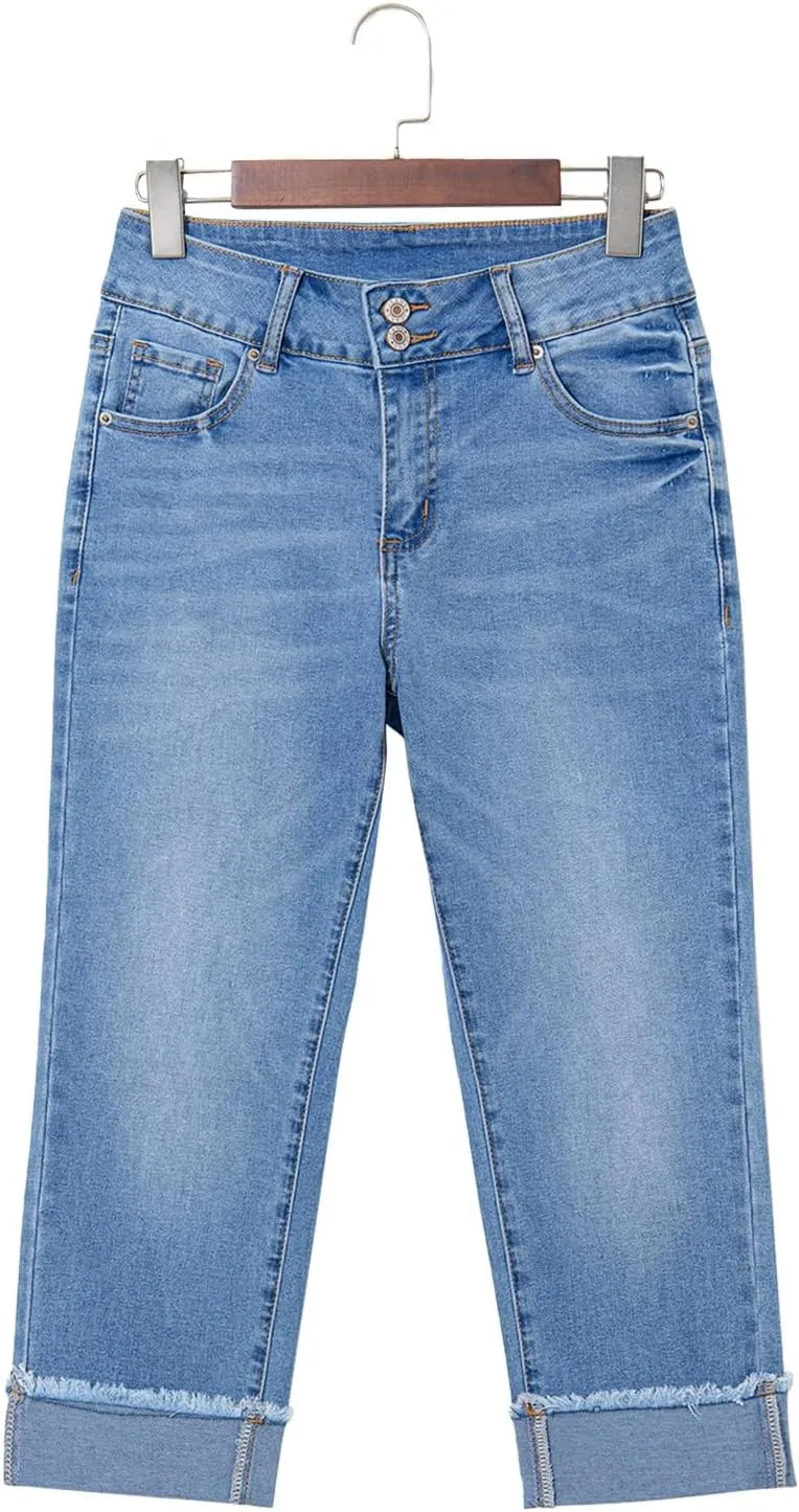 Sidefeel Women's Capri Jeans High Waisted Stretchy Roll-up Skinny Cuffed Cropped Zimbaplatinum Summer Denim Pants