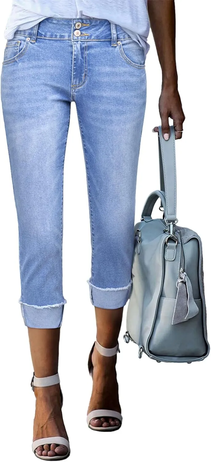 Sidefeel Women's Capri Jeans High Waisted Stretchy Roll-up Skinny Cuffed Cropped Zimbaplatinum Summer Denim Pants