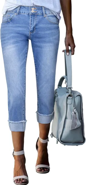Sidefeel Women's Capri Jeans High Waisted Stretchy Roll-up Skinny Cuffed Cropped Zimbaplatinum Summer Denim Pants