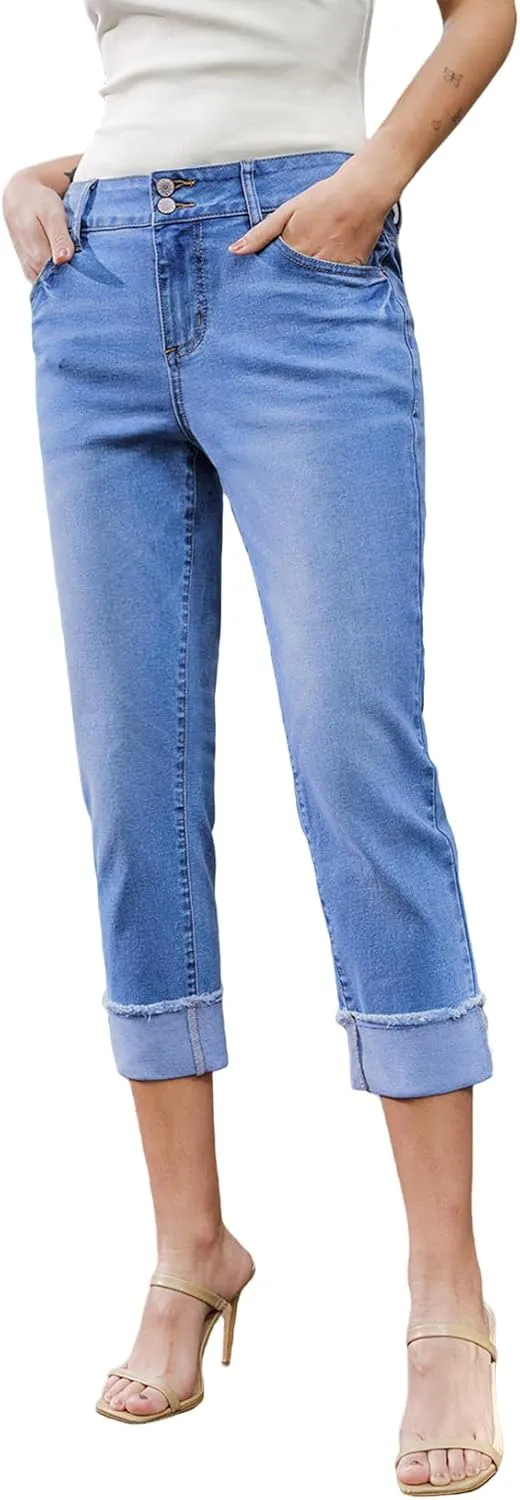 Sidefeel Women's Capri Jeans High Waisted Stretchy Roll-up Skinny Cuffed Cropped Zimbaplatinum Summer Denim Pants