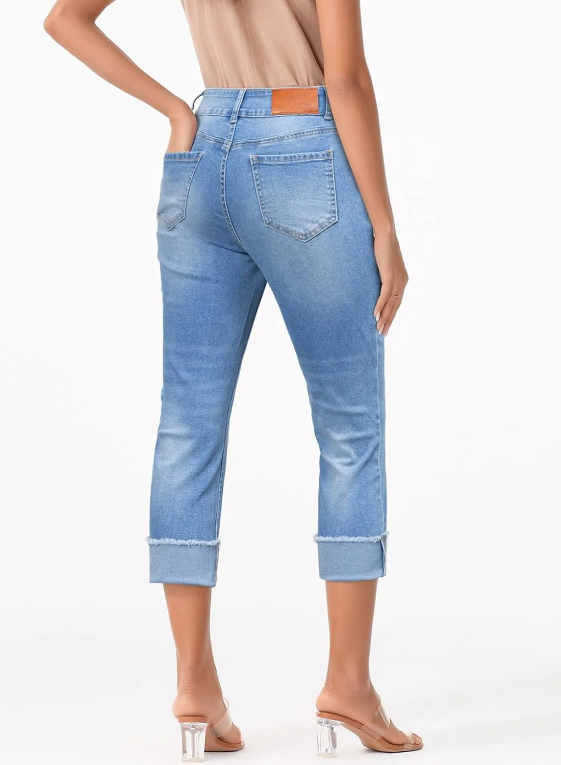 Sidefeel Women's Capri Jeans High Waisted Stretchy Roll-up Skinny Cuffed Cropped Zimbaplatinum Summer Denim Pants