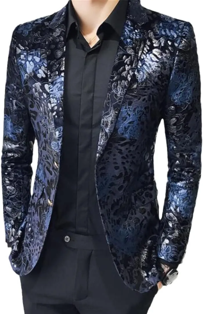 Single Button Printed Floral Blazer Men Luxury Formal Slim Fit Wedding Party Jacket Suit
