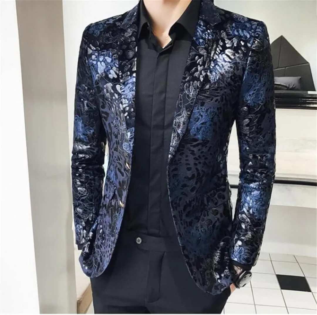 Single Button Printed Floral Blazer Men Luxury Formal Slim Fit Wedding Party Jacket Suit