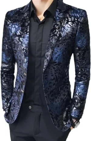 Single Button Printed Floral Blazer Men Luxury Formal Slim Fit Wedding Party Jacket Suit